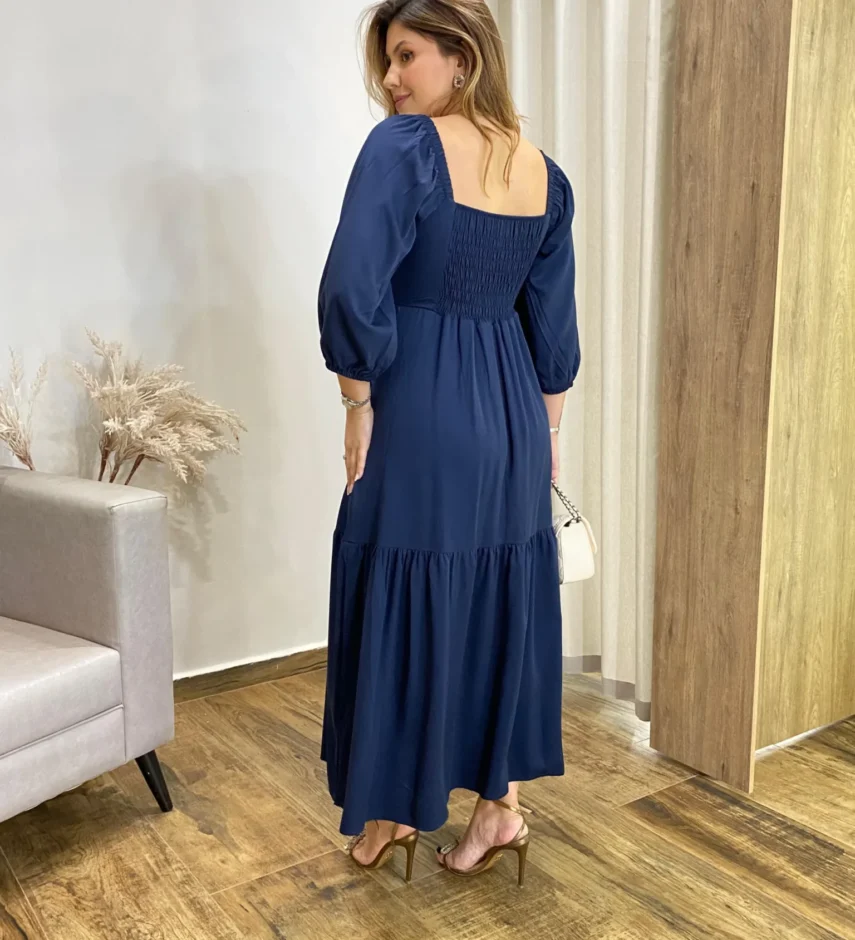 Vestido Midi Jade sem Bojo Manga 3/4 com Bolsos Azul Petróleo - Fernanda Ramos Store
