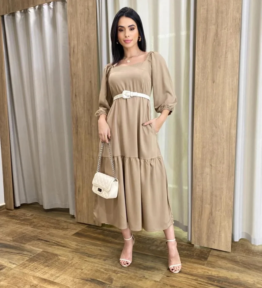 Vestido Midi Jade sem Bojo Manga 3/4 com Bolsos Caqui - Fernanda Ramos Store