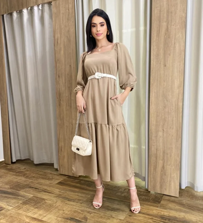 Vestido Midi Jade sem Bojo Manga 3/4 com Bolsos Caqui - Fernanda Ramos Store