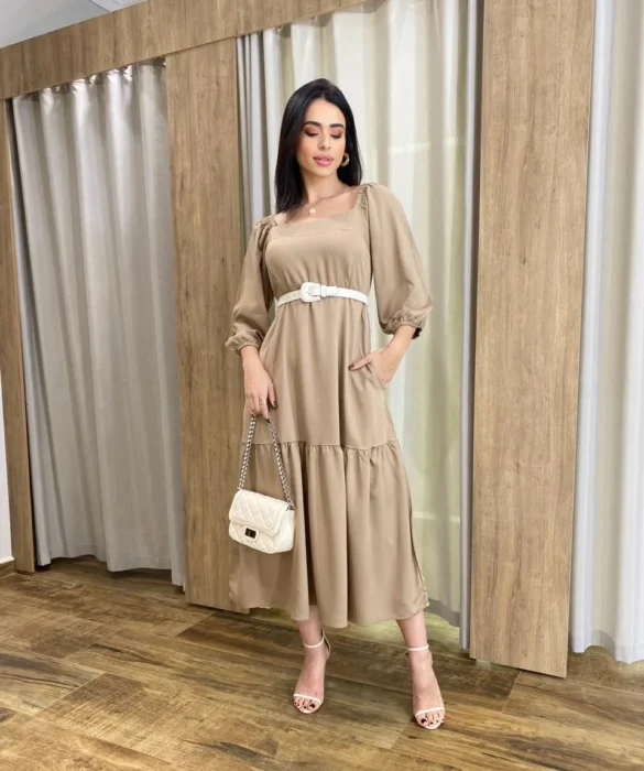 Vestido Midi Jade sem Bojo Manga 3/4 com Bolsos Caqui - Fernanda Ramos Store