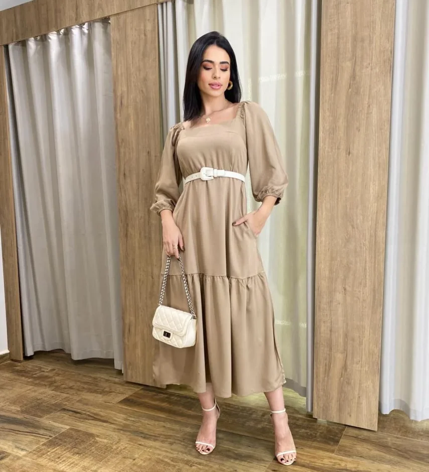 Vestido Midi Jade sem Bojo Manga 3/4 com Bolsos Caqui - Fernanda Ramos Store