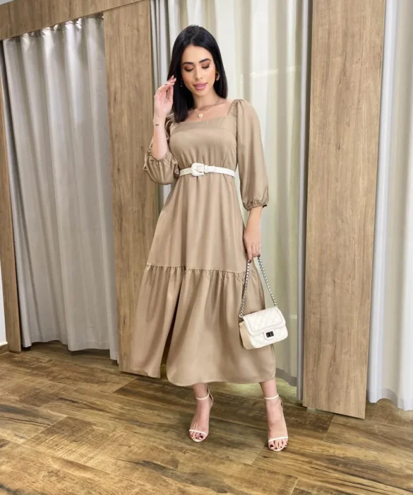 Vestido Midi Jade sem Bojo Manga 3/4 com Bolsos Caqui - Fernanda Ramos Store