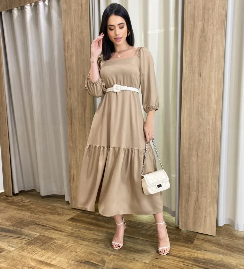 Vestido Midi Jade sem Bojo Manga 3/4 com Bolsos Caqui - Fernanda Ramos Store
