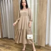 Vestido Midi Jade sem Bojo Manga 3/4 com Bolsos Caqui - Fernanda Ramos Store