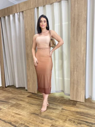 Vestido Midi Pérola de Tule com Bojo e Fenda Degradê Marrom - Fernanda Ramos Store