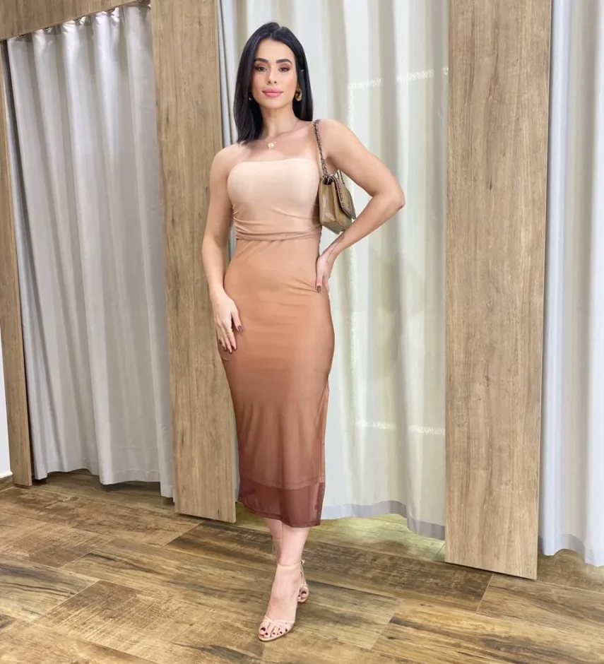 Vestido Midi Pérola de Tule com Bojo e Fenda Degradê Marrom - Fernanda Ramos Store