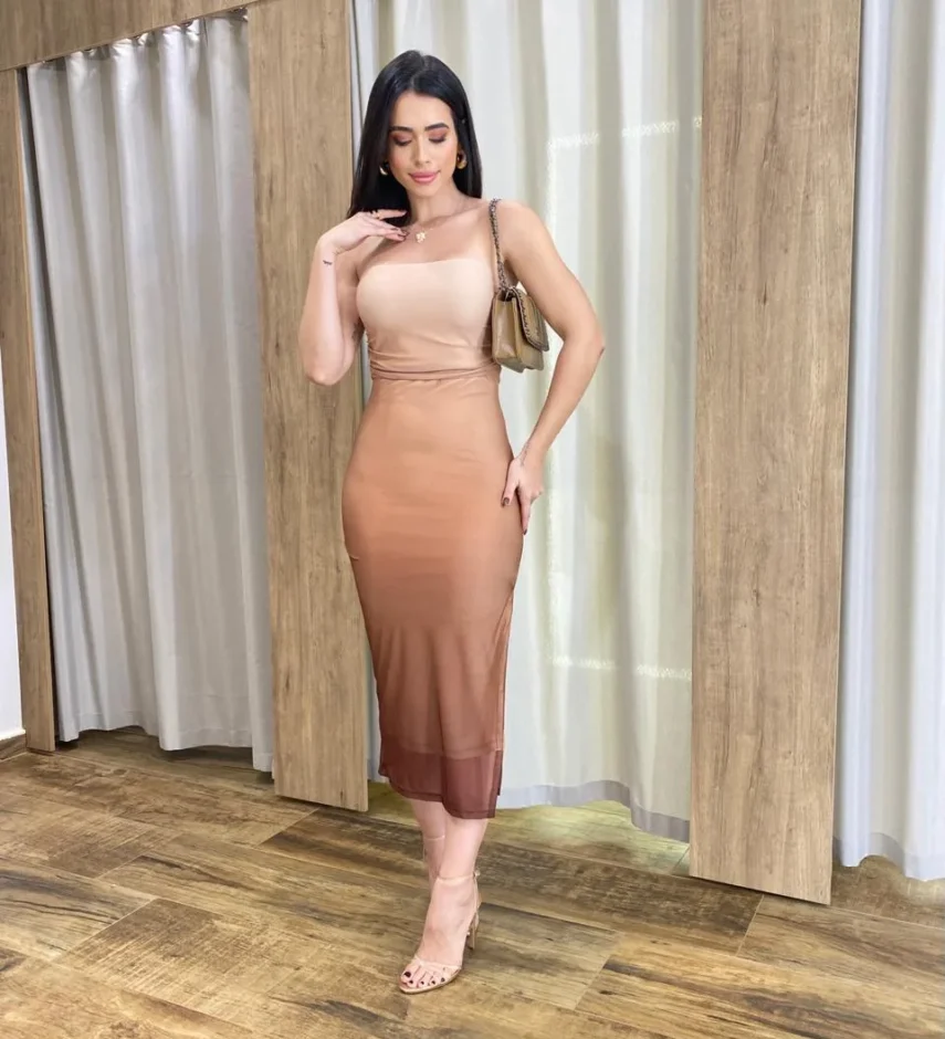 Vestido Midi Pérola de Tule com Bojo e Fenda Degradê Marrom - Fernanda Ramos Store