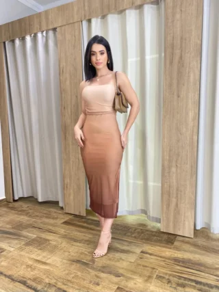 Vestido Midi Pérola de Tule com Bojo e Fenda Degradê Marrom - Fernanda Ramos Store