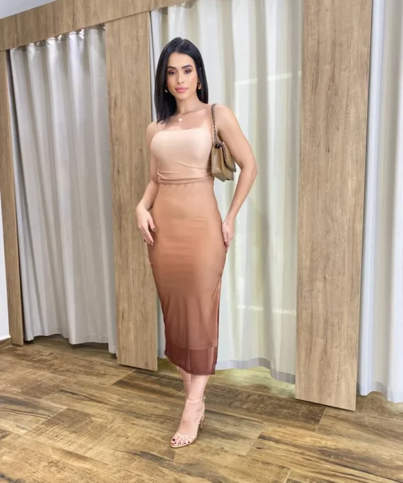 Vestido Midi Pérola de Tule com Bojo e Fenda Degradê Marrom - Fernanda Ramos Store