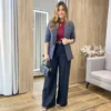 Blazer Feminino Manga Longa Alfaiataria com Ombreira Cinza - Fernanda Ramos Store