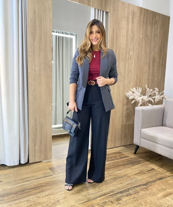 Blazer Feminino Manga Longa Alfaiataria com Ombreira Cinza - Fernanda Ramos Store