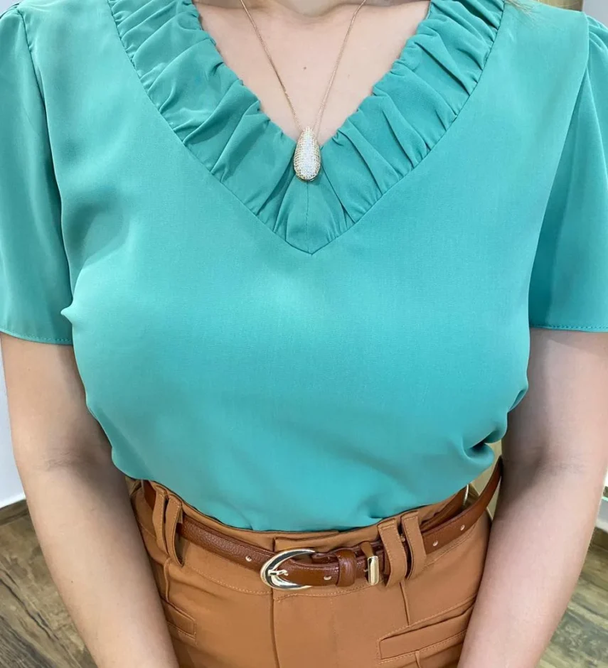 Blusa Crepe Feminina Manga Curta Rebeca Gola V Verde Menta - Fernanda Ramos Store