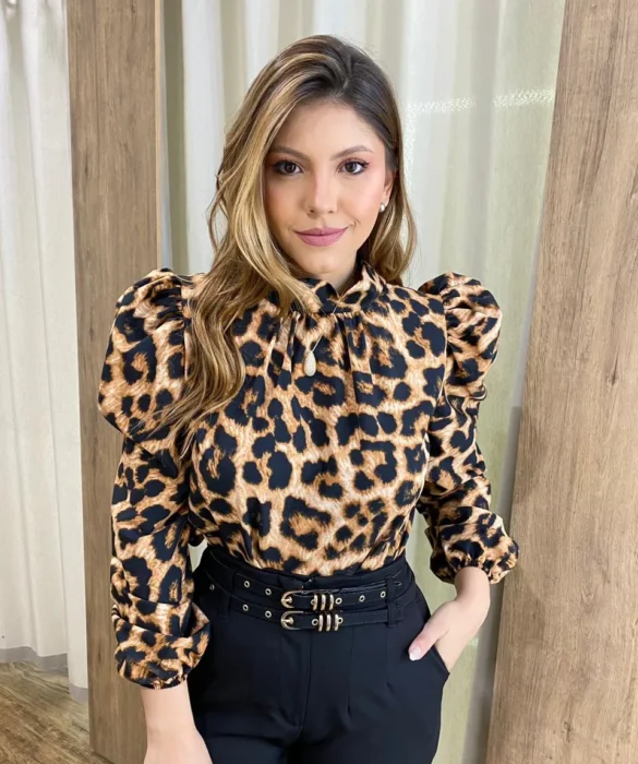 Blusa Crepe Feminina Manga Longa Animal Print - Fernanda Ramos Store