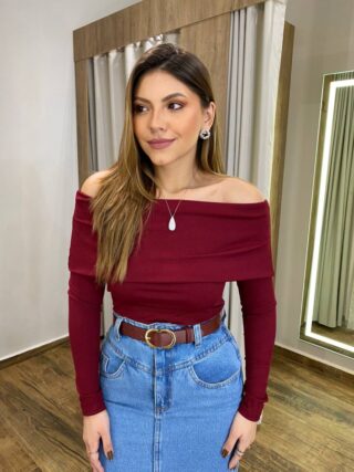 Blusa Feminina Bia Ombro a Ombro Manga Longa Canelada Vinho - Fernanda Ramos Store