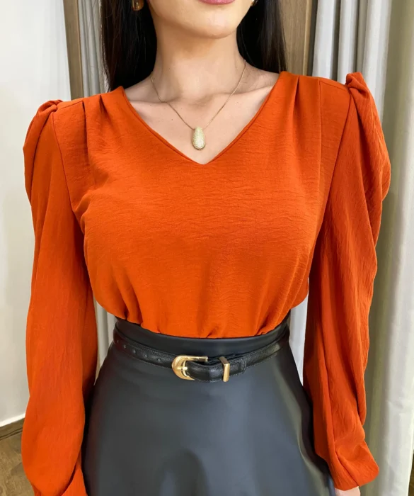 Blusa Feminina de Crepe Manga Longa Heloíse Terracota - Fernanda Ramos Store