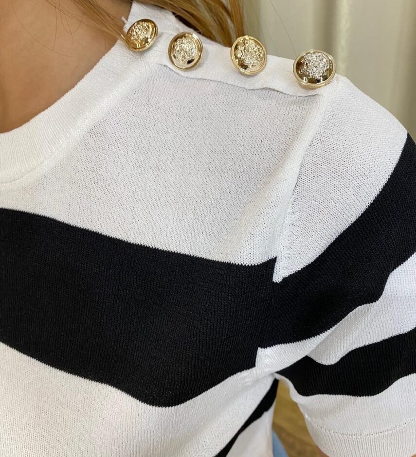 Blusa Feminina Lavínia Manga Curta Modal Branca Listrada - Fernanda Ramos Store
