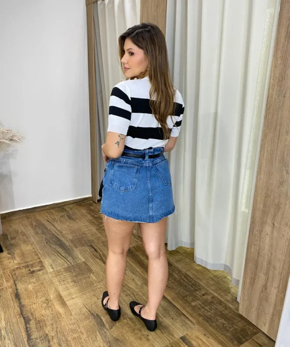 Blusa Feminina Lavínia Manga Curta Modal Branca Listrada - Fernanda Ramos Store