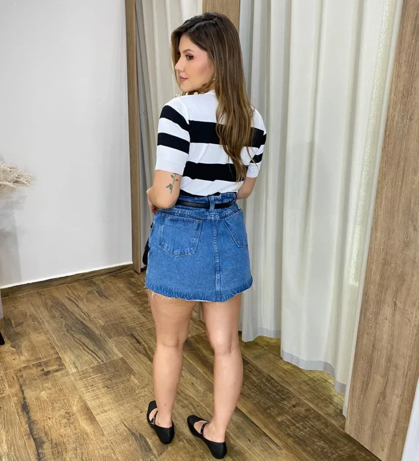 Blusa Feminina Lavínia Manga Curta Modal Branca Listrada - Fernanda Ramos Store