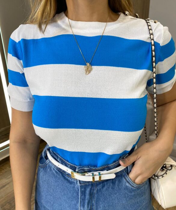 Blusa Feminina Lavínia Manga Curta Modal Branca Listrada de Azul - Fernanda Ramos Store