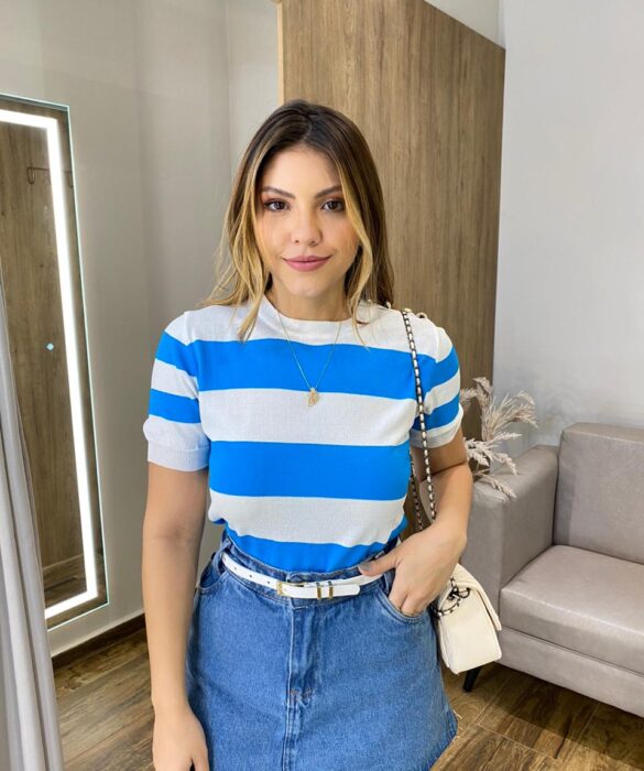 Blusa Feminina Lavínia Manga Curta Modal Branca Listrada de Azul - Fernanda Ramos Store