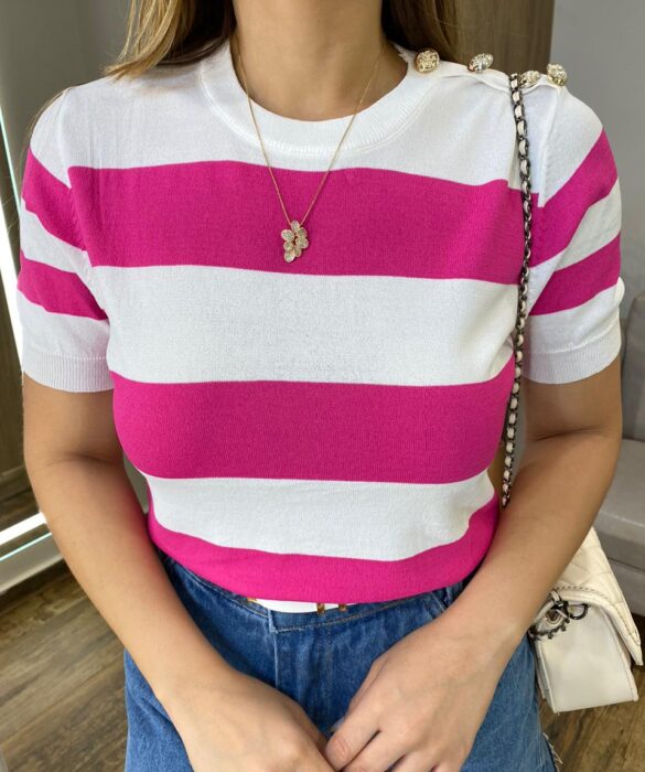 Blusa Feminina Lavínia Manga Curta Modal Branca Listrada de Pink - Fernanda Ramos Store