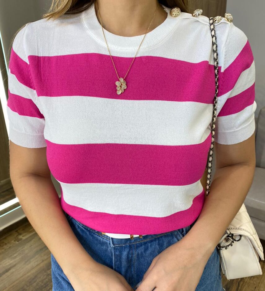 Blusa Feminina Lavínia Manga Curta Modal Branca Listrada de Pink - Fernanda Ramos Store