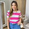 Blusa Feminina Lavínia Manga Curta Modal Branca Listrada de Pink - Fernanda Ramos Store