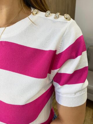 Blusa Feminina Lavínia Manga Curta Modal Branca Listrada de Pink - Fernanda Ramos Store