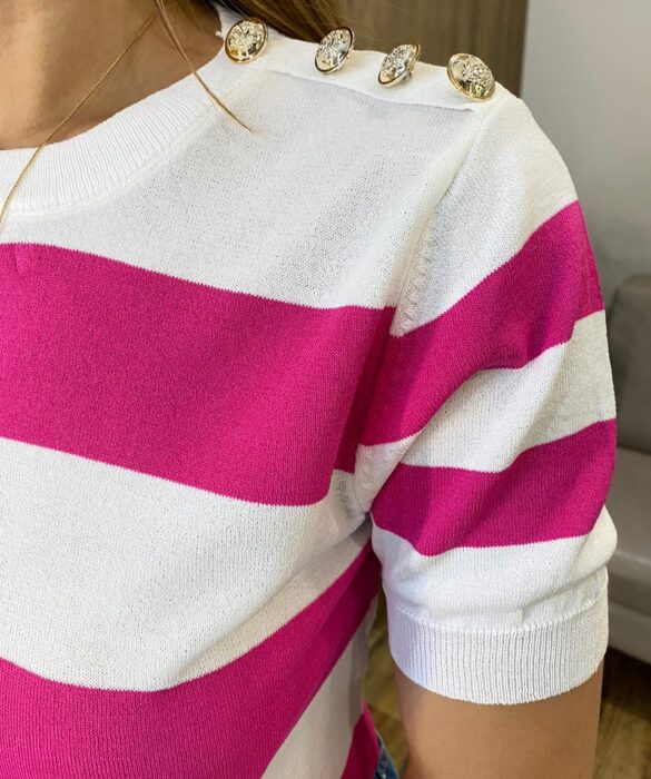 Blusa Feminina Lavínia Manga Curta Modal Branca Listrada de Pink - Fernanda Ramos Store