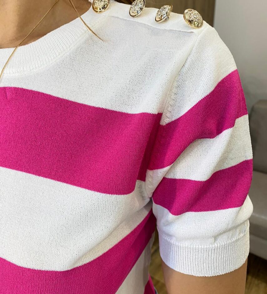 Blusa Feminina Lavínia Manga Curta Modal Branca Listrada de Pink - Fernanda Ramos Store