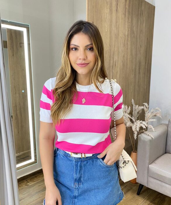 Blusa Feminina Lavínia Manga Curta Modal Branca Listrada de Pink - Fernanda Ramos Store