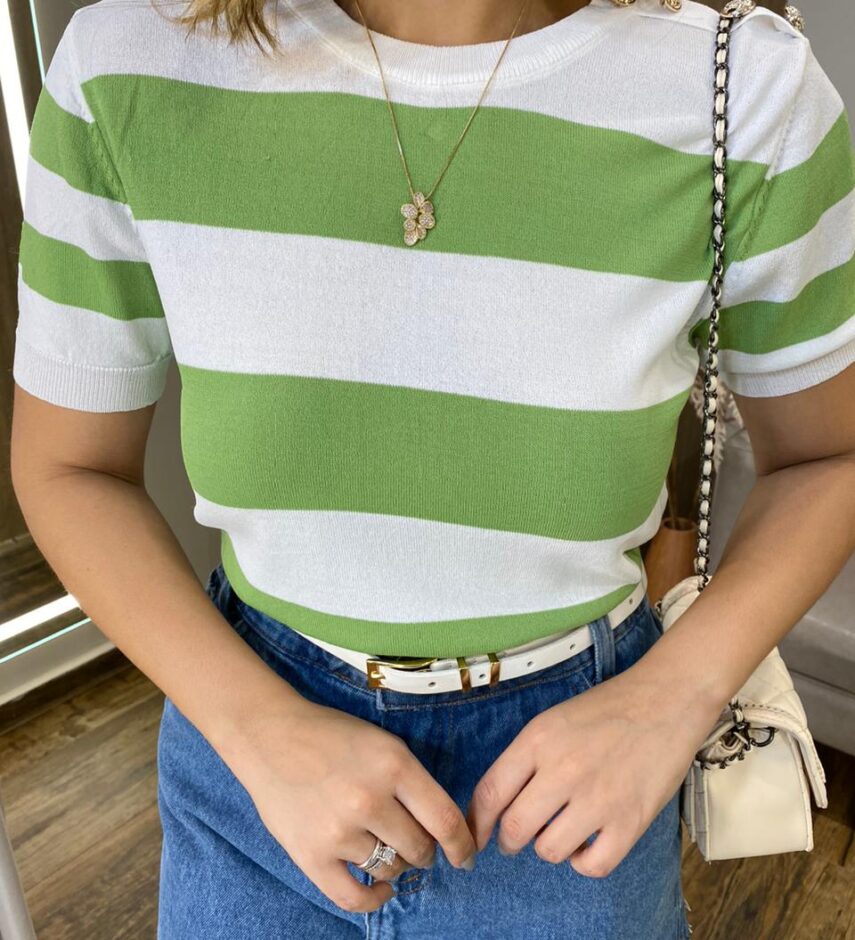 Blusa Feminina Lavínia Manga Curta Modal Branca Listrada de Verde - Fernanda Ramos Store