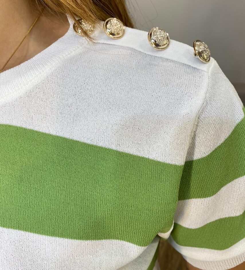 Blusa Feminina Lavínia Manga Curta Modal Branca Listrada de Verde - Fernanda Ramos Store