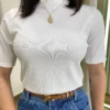 Blusa Feminina Manga Curta Isabella Canelada Gola Off White - Fernanda Ramos Store