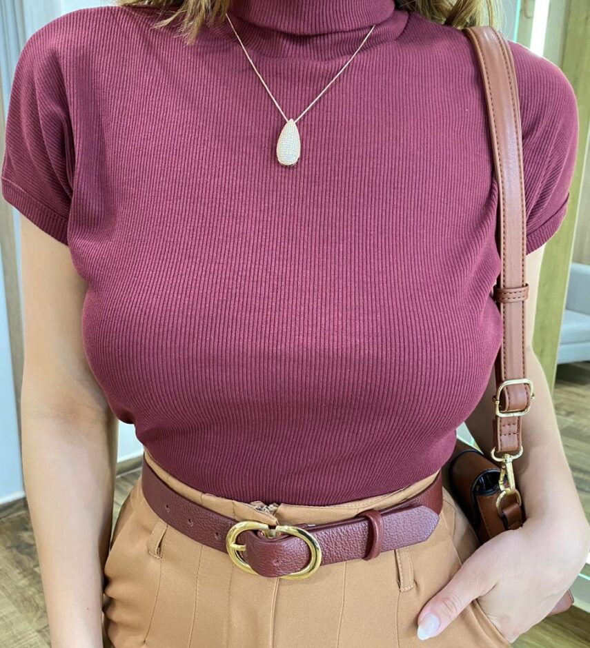 Blusa Feminina Manga Curta Rebeca Canelada Gola Alta Vinho - Fernanda Ramos Store