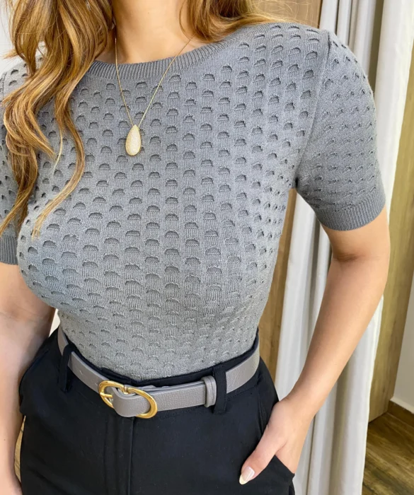 Blusa Feminina Tricot Laísa Manga Curta Cinza - Fernanda Ramos Store