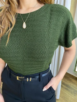 Blusa Feminina Tricot Louise Manga Curta Verde Militar - Fernanda Ramos Store