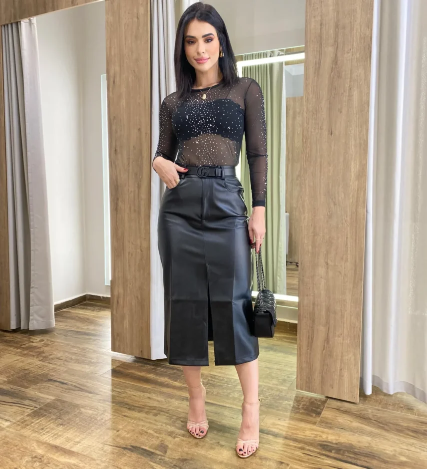 Body Feminino Bia sem Bojo Tule Manga Longa Preto com Aplicações - Fernanda Ramos Store