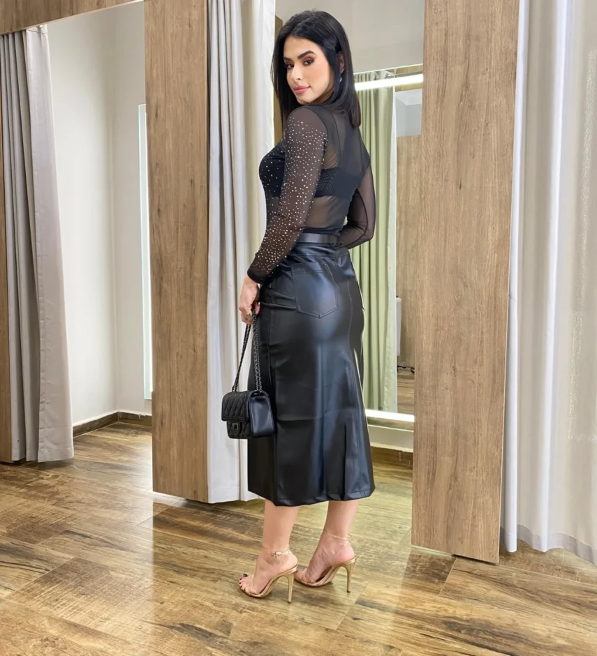Body Feminino Bia sem Bojo Tule Manga Longa Preto com Aplicações - Fernanda Ramos Store