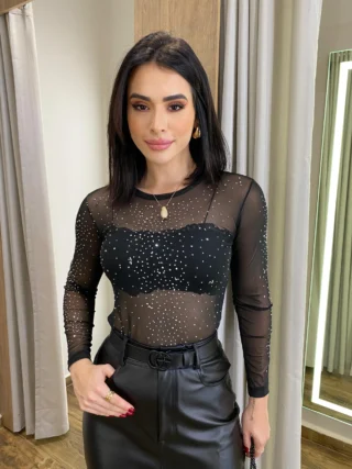 Body Feminino Bia sem Bojo Tule Manga Longa Preto com Aplicações - Fernanda Ramos Store