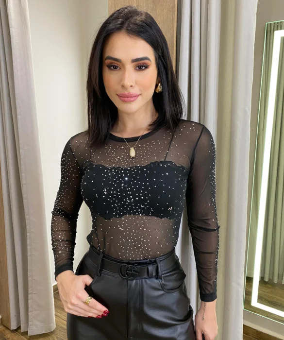 Body Feminino Bia sem Bojo Tule Manga Longa Preto com Aplicações - Fernanda Ramos Store