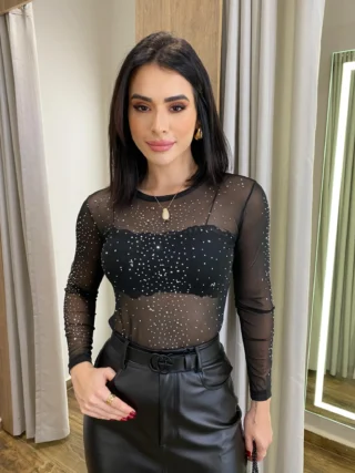 Body Feminino Bia sem Bojo Tule Manga Longa Preto com Aplicações - Fernanda Ramos Store