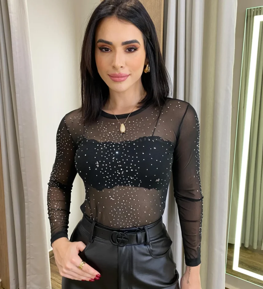 Body Feminino Bia sem Bojo Tule Manga Longa Preto com Aplicações - Fernanda Ramos Store