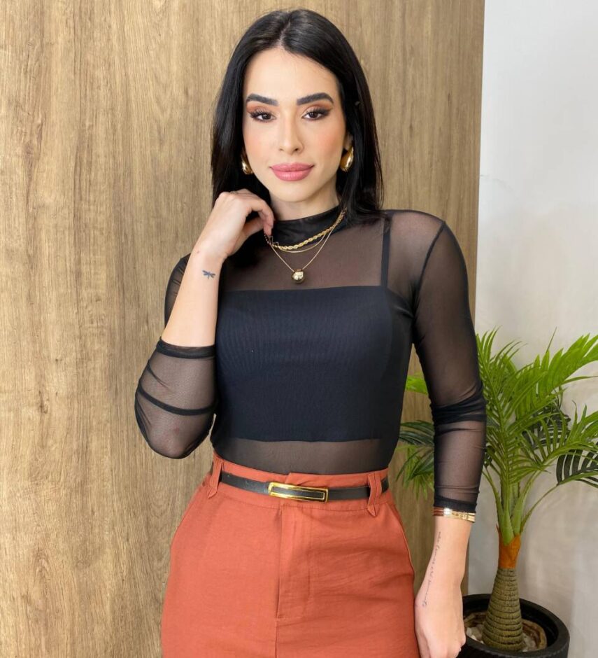 Body Feminino de Tule Preto Manga Longa sem Bojo com Transparência - Fernanda Ramos Store