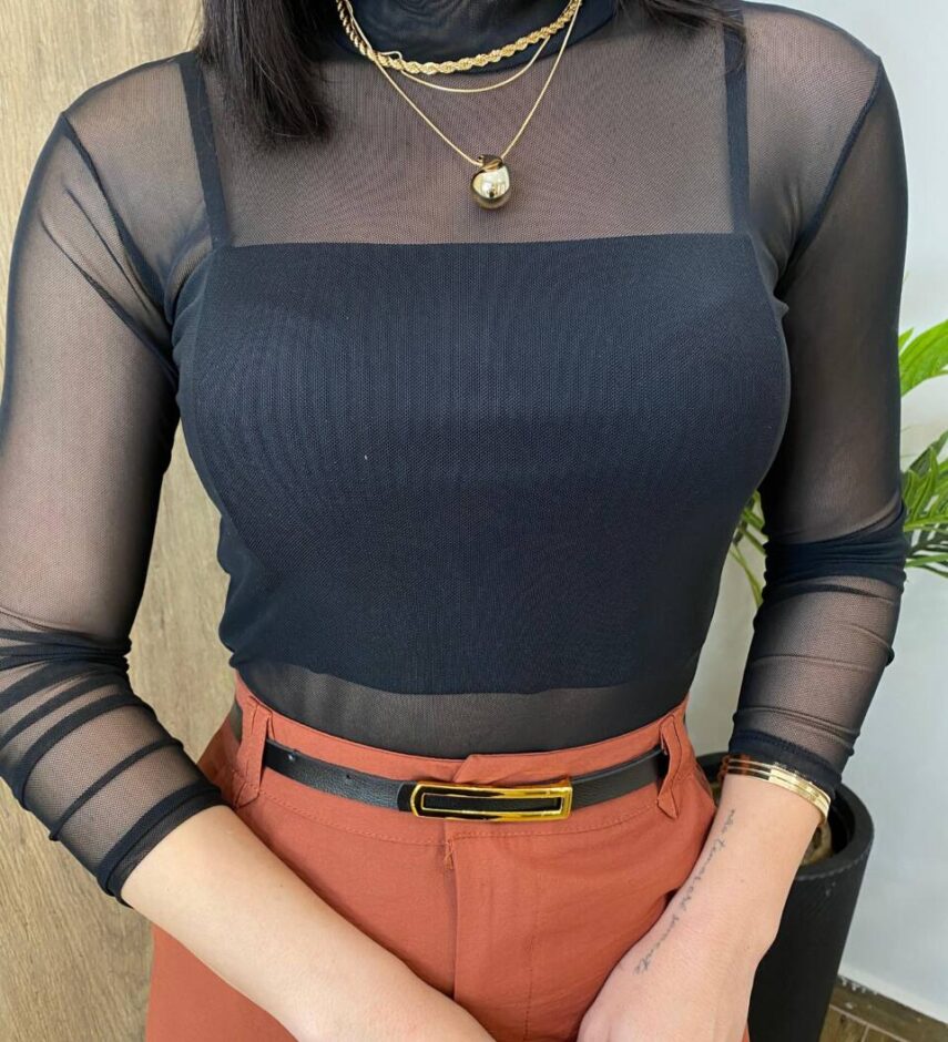 Body Feminino de Tule Preto Manga Longa sem Bojo com Transparência - Fernanda Ramos Store