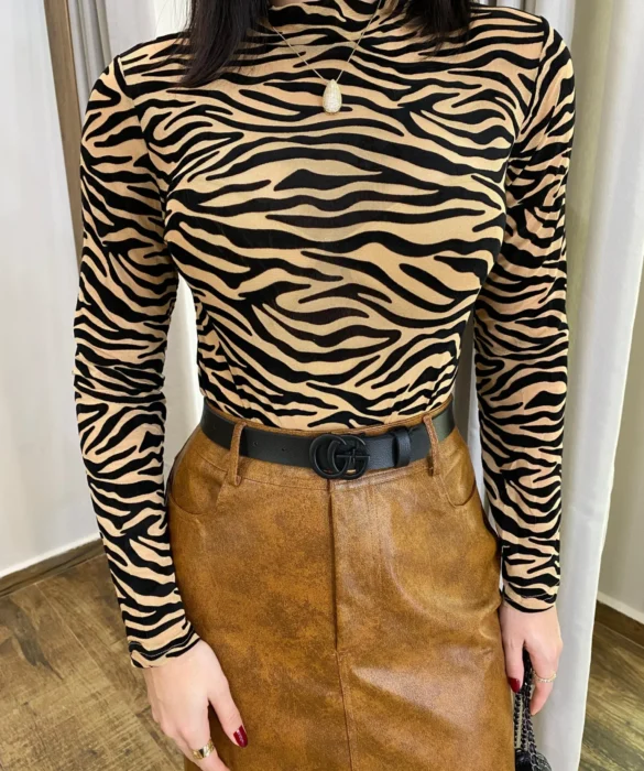 Body Feminino Diana sem Bojo Tule Manga Longa Animal Print Bege - Fernanda Ramos Store