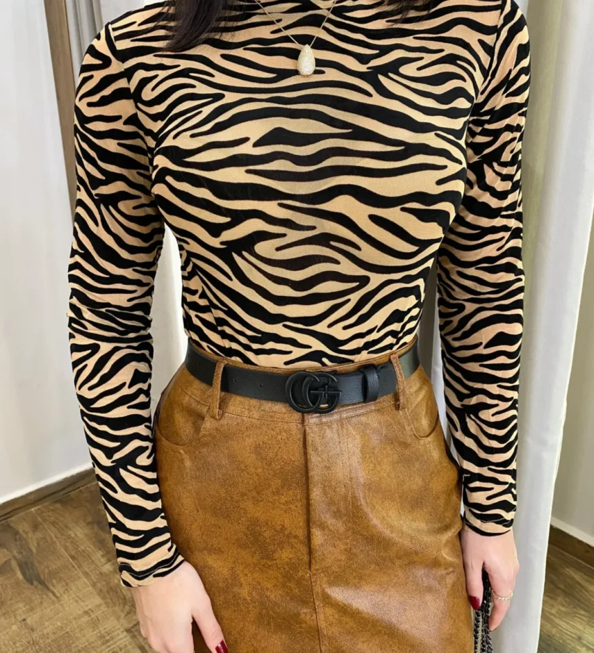 Body Feminino Diana sem Bojo Tule Manga Longa Animal Print Bege - Fernanda Ramos Store
