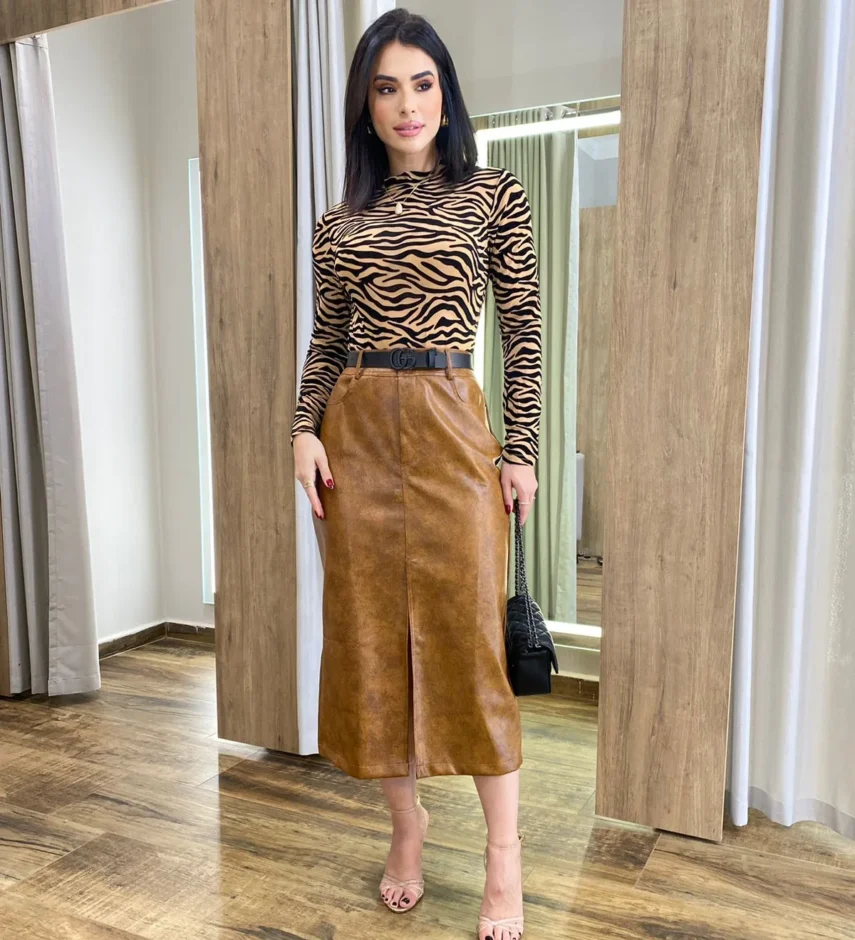 Body Feminino Diana sem Bojo Tule Manga Longa Animal Print Bege - Fernanda Ramos Store