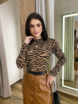 Body Feminino Diana sem Bojo Tule Manga Longa Animal Print Bege - Fernanda Ramos Store