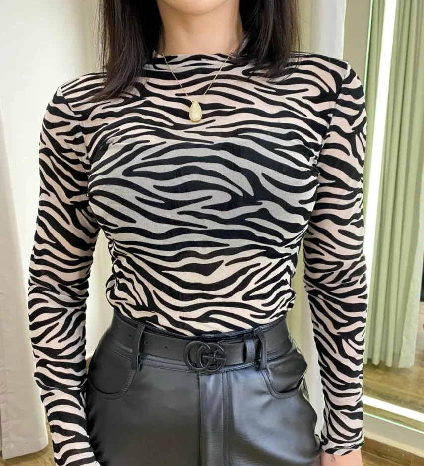Body Feminino Diana sem Bojo Tule Manga Longa Animal Print Nude - Fernanda Ramos Store